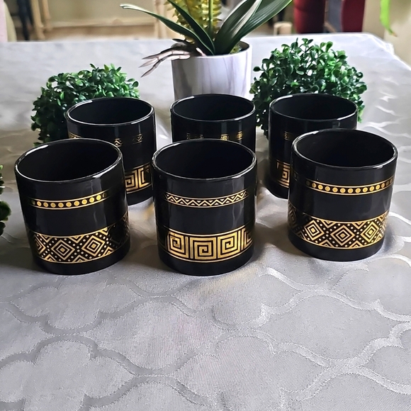 Set Of 6 Ceramic Succulent Planters 3x3 Black With Gold Geometric Design. - Picture 1 of 11